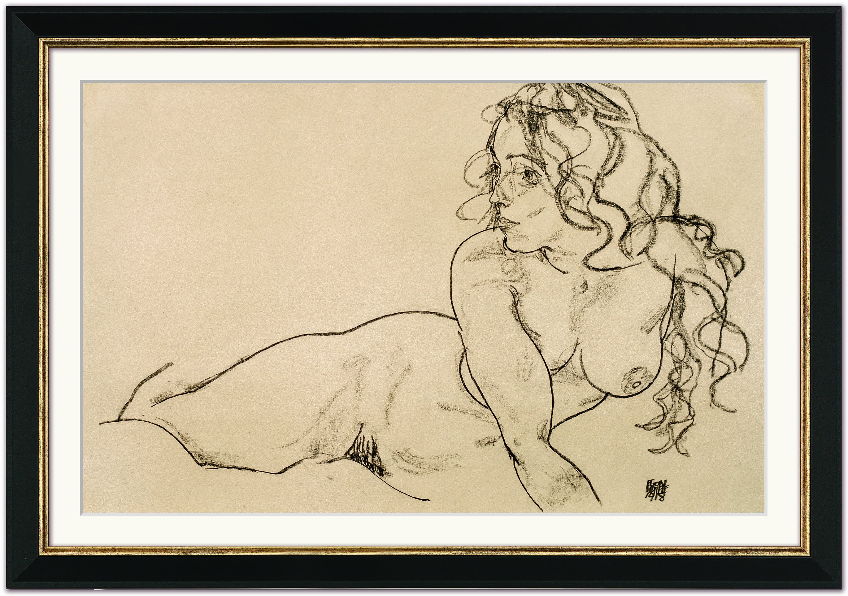 Bild "Sich aufstützender weiblicher Akt mit langem Haar“ (1918) Egon Schiele