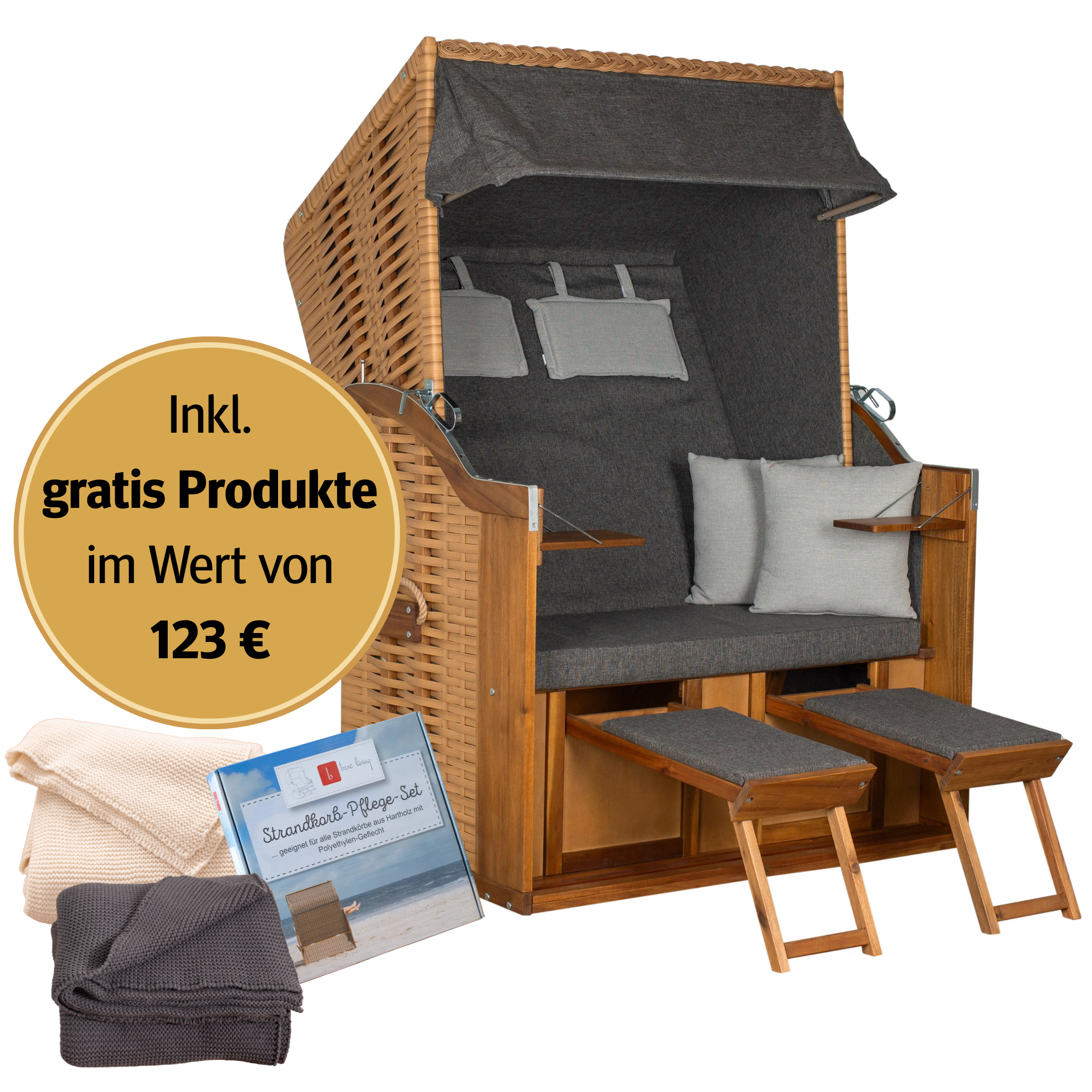 Strandkorb 2-Sitzer Komplettset | FSC® Akazienholz – Meeresrauschen