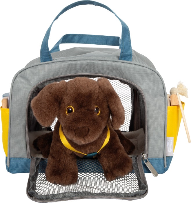 Hund mit Tasche und Pflege-Set