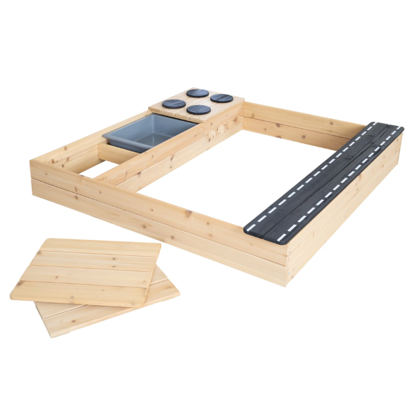Sandkasten aus Holz - Design mit Straße, Kochplatte & Spielwanne