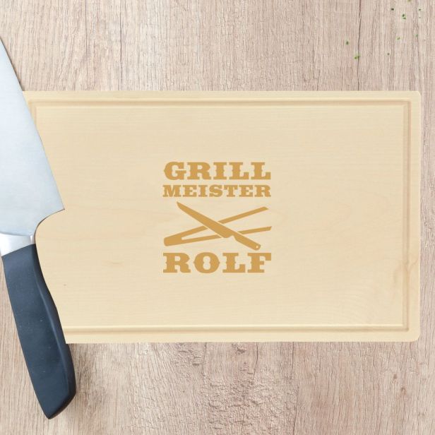 Schneidebrett "Grillmeister mit Grillzangen" - personalisiert