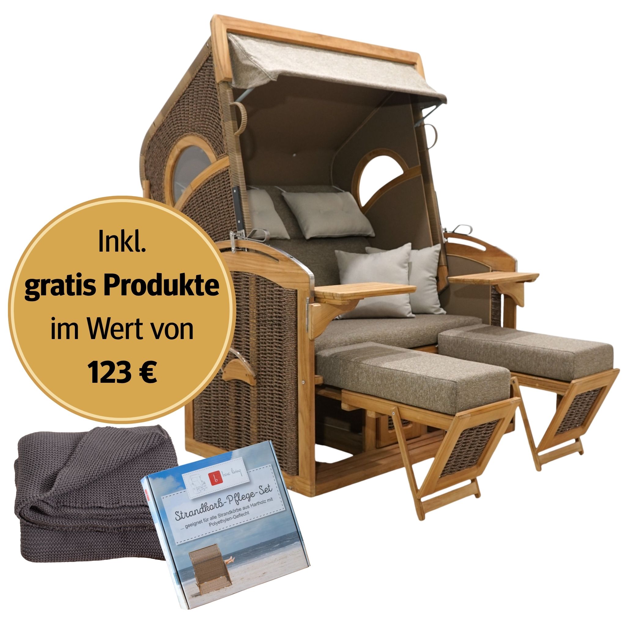 Strandkorb 2-Sitzer Komplettset | Teakholz – Wüstenkind limitierte Sonderedition