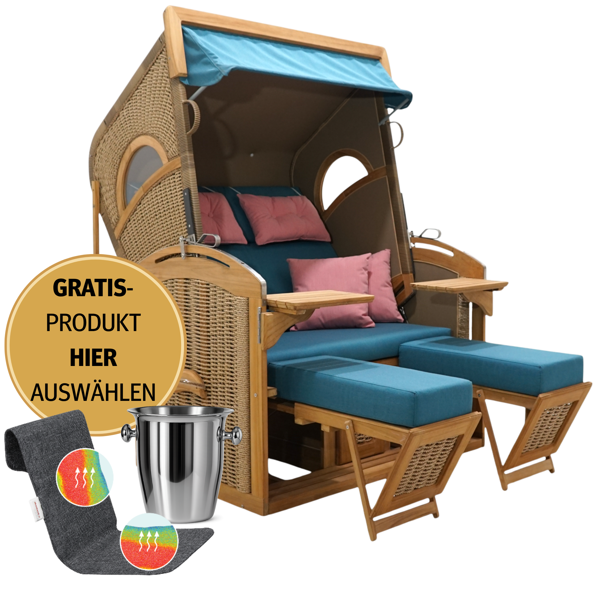 Strandkorb 2-Sitzer Komplettset | Teakholz – Korallenbank limitierte Sonderedition