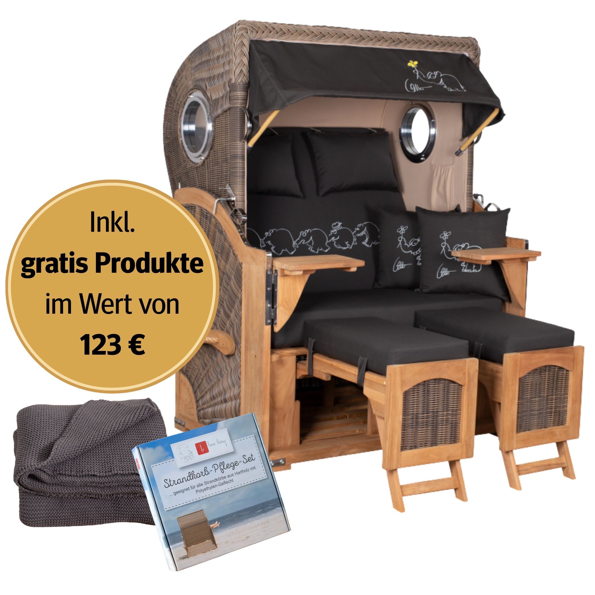 Strandkorb 2-Sitzer Komplettset | Teakholz – Düne Ottifant