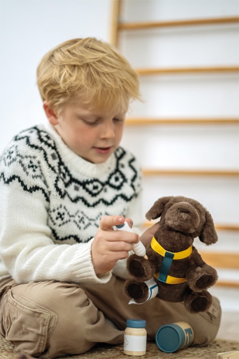 Hund mit Tasche und Pflege-Set